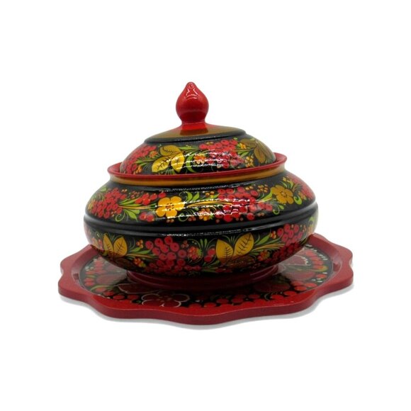 Lidded Sugar Bowl and Plate RUSSIAN LACQUERWARE from Russia - Picture 5 of 12